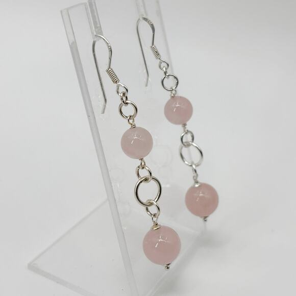 Sterling Silver Dangle Earrings Pink Beads 2.5" Long Drop Hook Lightweight - Picture 3 of 5